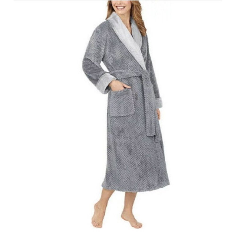 CAROLE HOCHMAN Women TEXTURE PLUSH WRAP ROBE Gray Sz L